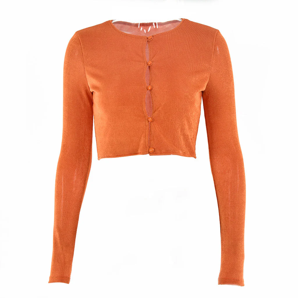 Chic Round Neck Button Up Long Sleeve Crop Top - Burnt Orange - Image 3