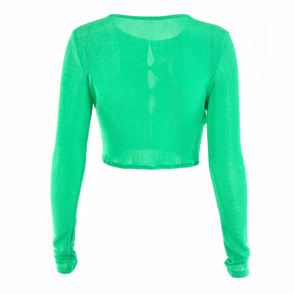 Chic Round Neck Button Up Long Sleeve Crop Top - Green - Image 4