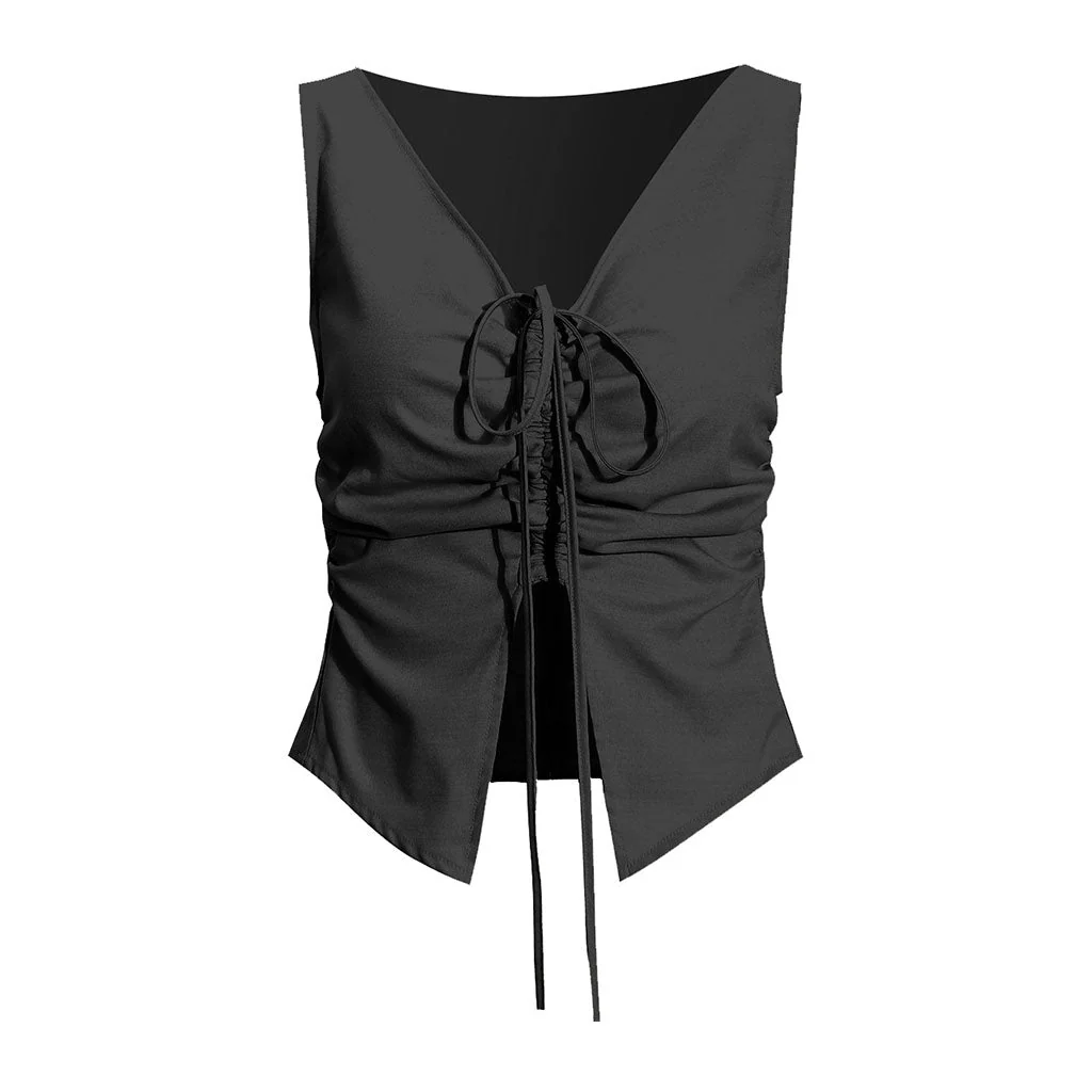 Chic Self Tie Drawstring Ruched Front Split V Neck Crop Tank Top - Image 2