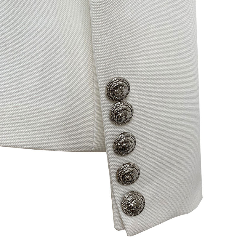 Chic Silver Button Detail Peak Lapel Double Breasted Tailored Blazer - Image 5