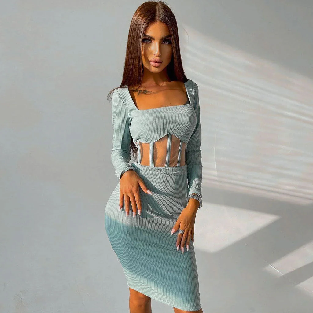 Chic Square Neck Long Sleeve Mesh Panel Rib Knit Midi Dress - Teal - Image 2