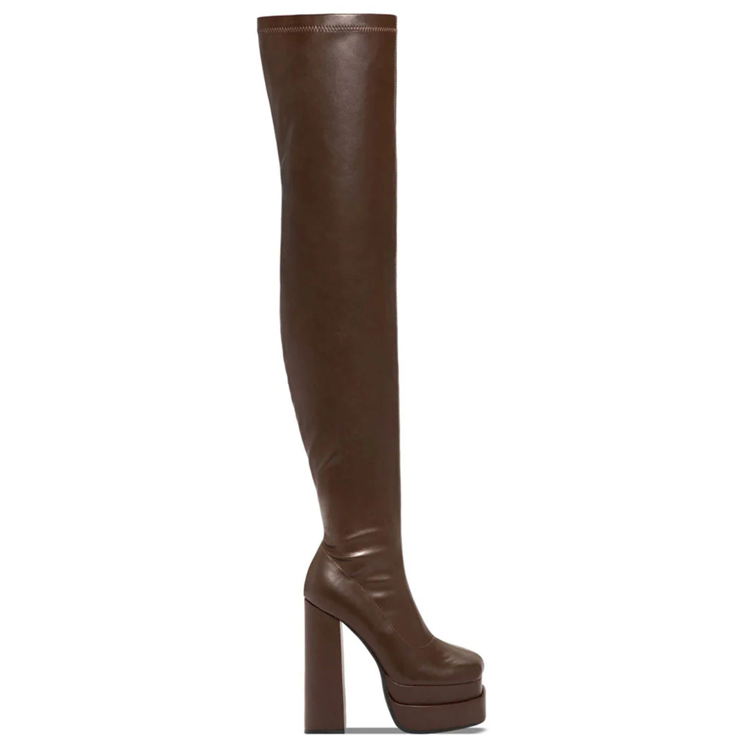 Chic Square Toe Platform Over Knee Chunky High Heel Boots - Coffee - Image 3