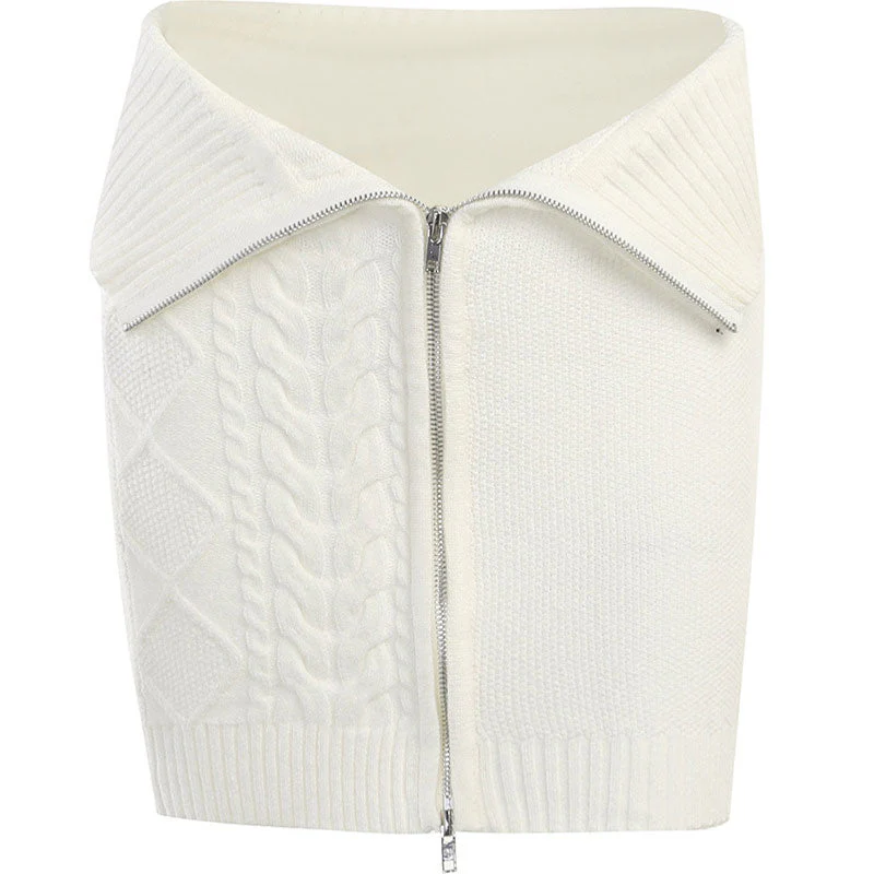 Chic Textured Cable Knit Ribbed Trim Foldover Zip Front Mini Skirt - White - Image 2