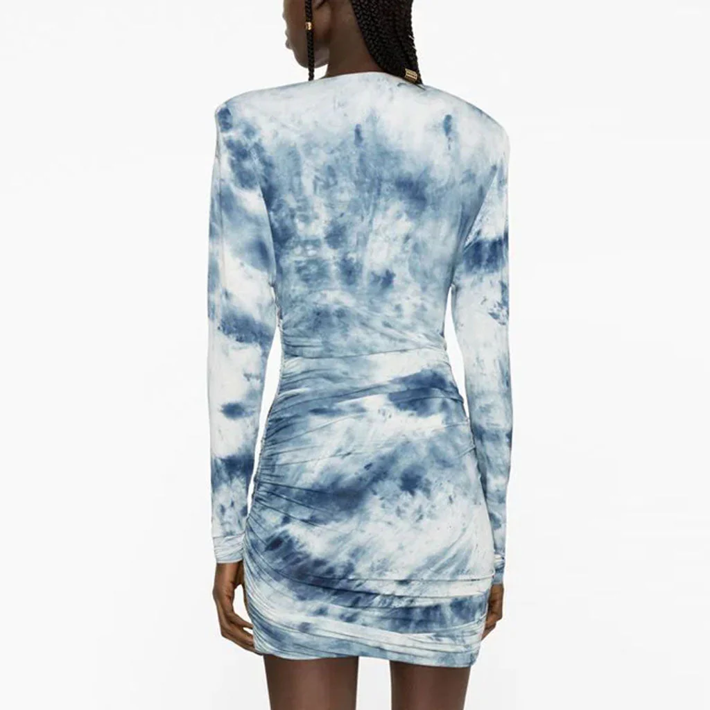 Chic Tie Dye Print Deep V Shoulder Pad Long Sleeve Ruched Bodycon Mini Dress - Image 2