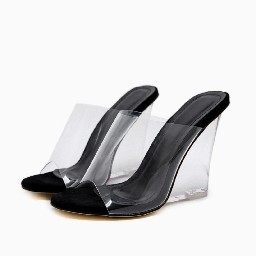 Chic Transparent Peep Toe Clear Block Heel Wedge Sandals - Black - Image 2