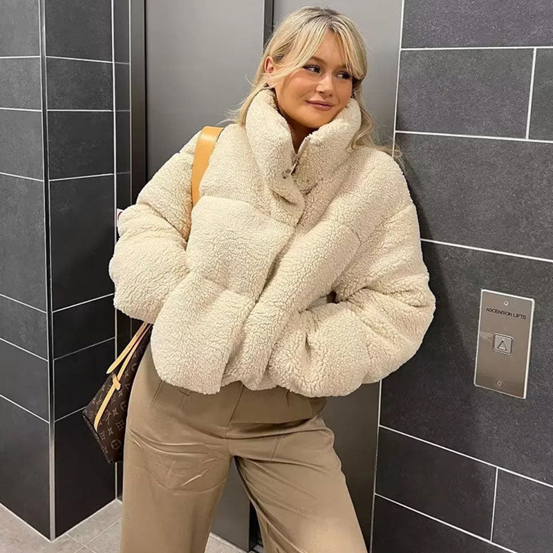 Chic Zipped Drop Shoulder Long Sleeve Stand Collar Cropped Puffer Coat - Beige - Image 2