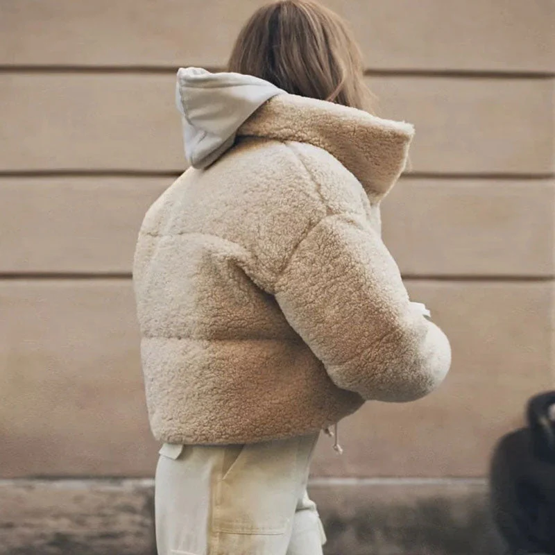 Chic Zipped Drop Shoulder Long Sleeve Stand Collar Cropped Puffer Coat - Beige - Image 3