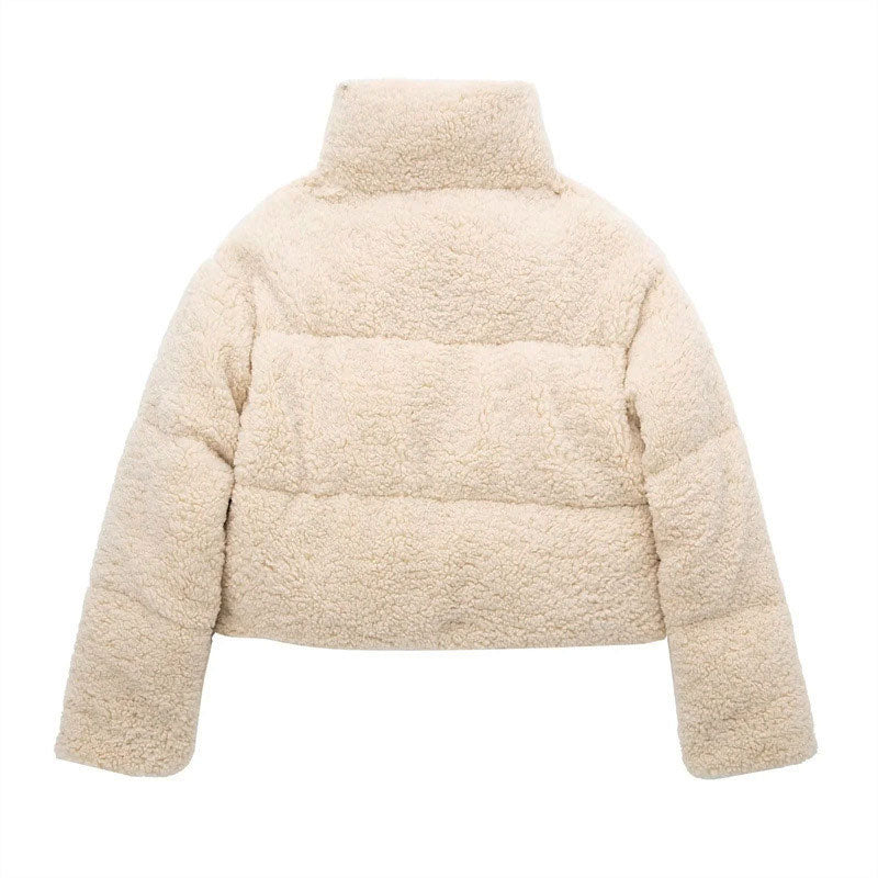 Chic Zipped Drop Shoulder Long Sleeve Stand Collar Cropped Puffer Coat - Beige - Image 4