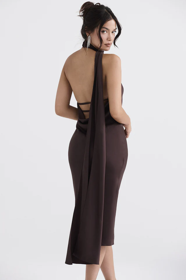 Chocolate Wrap Neck Midi Dress - Image 2