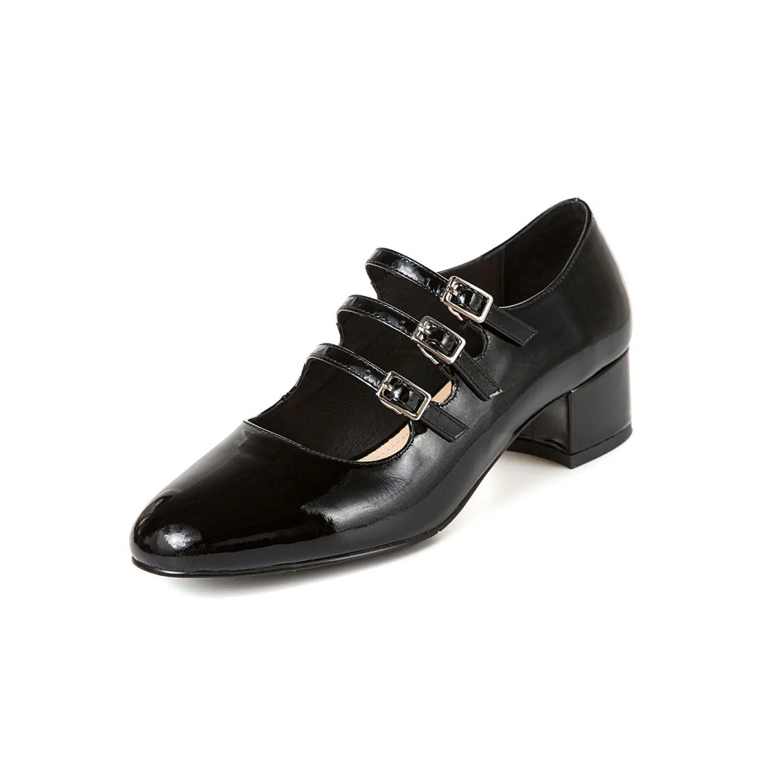 Classic Buckle Strap Patent Leather Block Heel Mary Jane Pumps - Black - Image 4