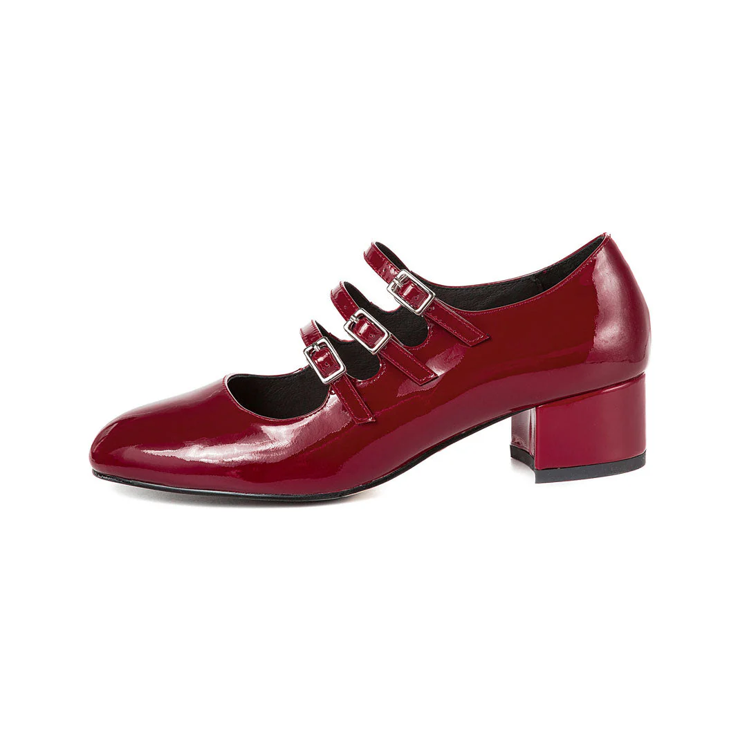 Classic Buckle Strap Patent Leather Block Heel Mary Jane Pumps - Burgundy - Image 3
