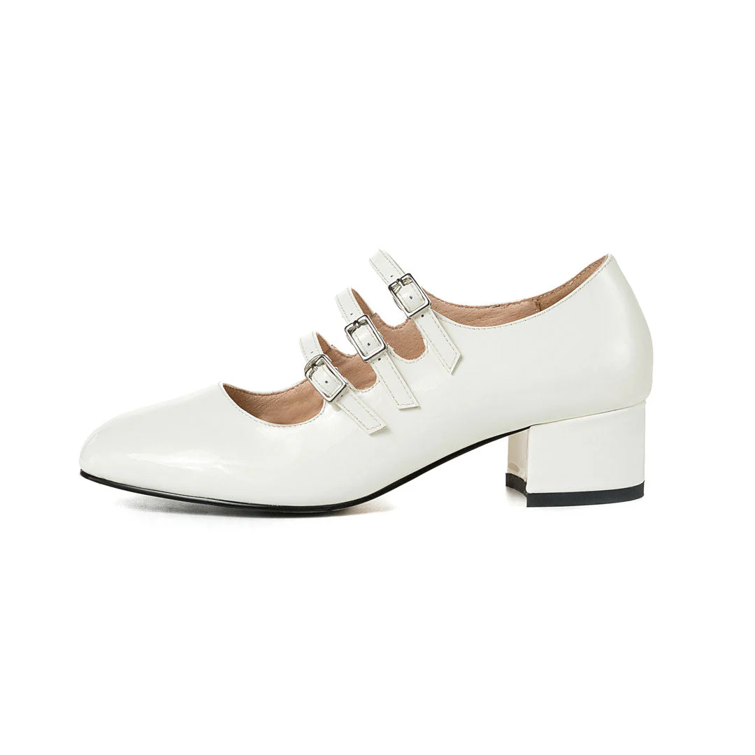 Classic Buckle Strap Patent Leather Block Heel Mary Jane Pumps - White - Image 3