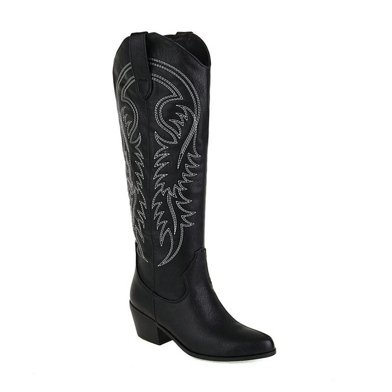 Classic Embroidered Knee High Round Toe Cuban Heel Western Boots - Black - Image 2