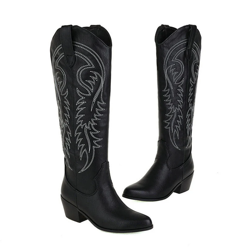 Classic Embroidered Knee High Round Toe Cuban Heel Western Boots - Black - Image 3
