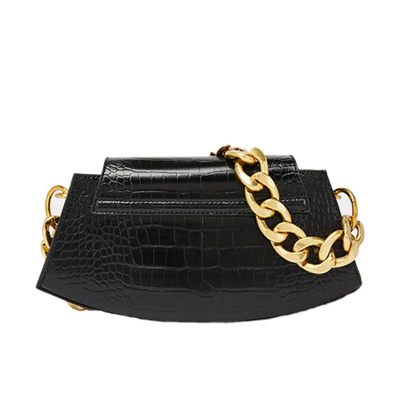 Classic Gold Tone Chunky Chain Croco Embossed Shoulder Bag - Black - Image 2