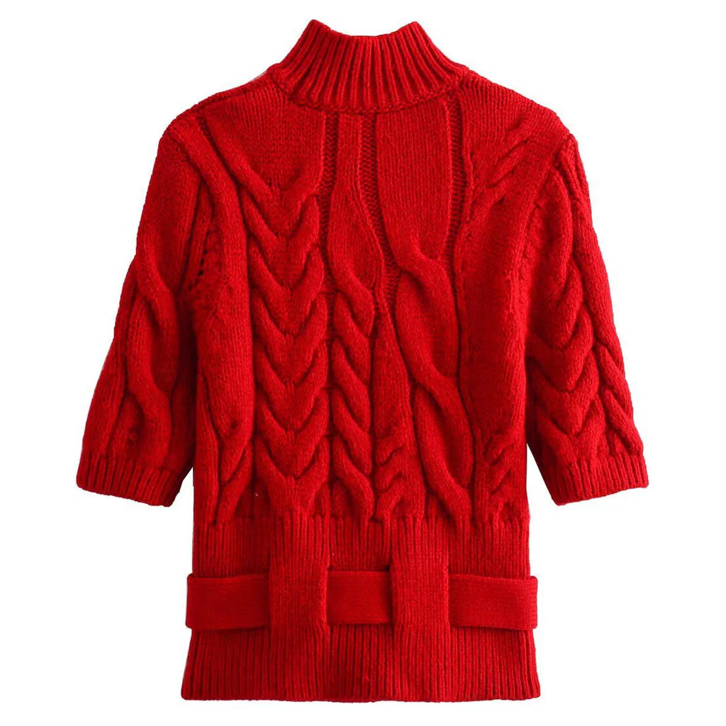 Classic High Neck Half Sleeve Belted Chunky Cable Knit Pullover Sweater - Image 4