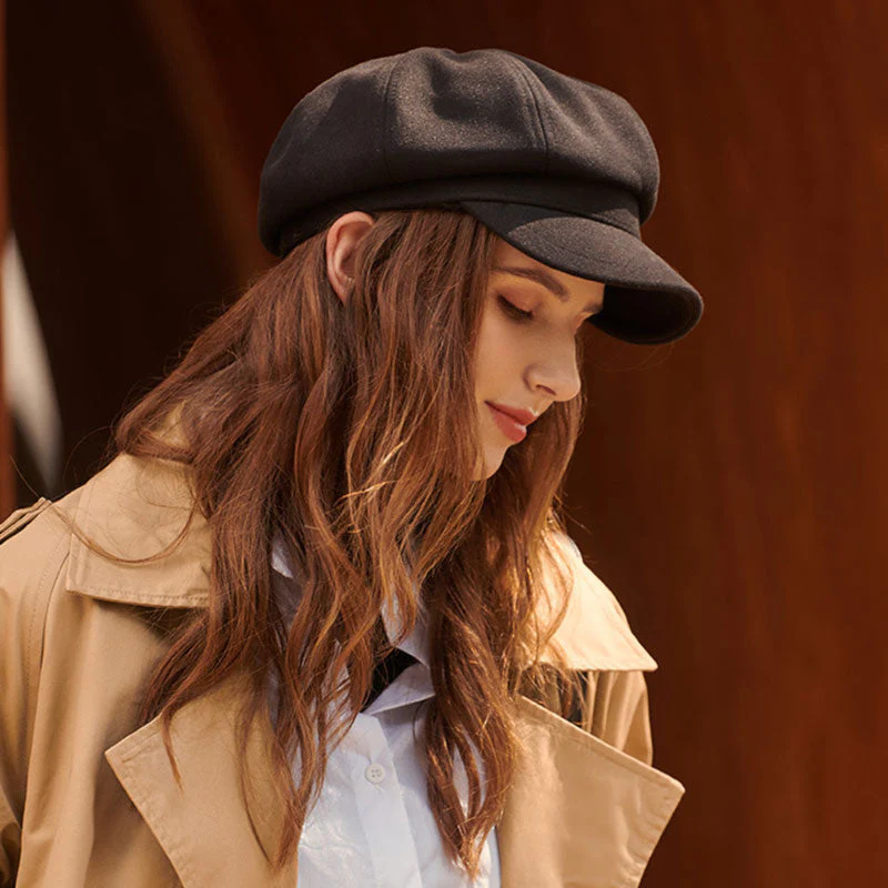 Classic Pure Color Fishbone Textured Woolen Blend Newsboy Hat - Image 2