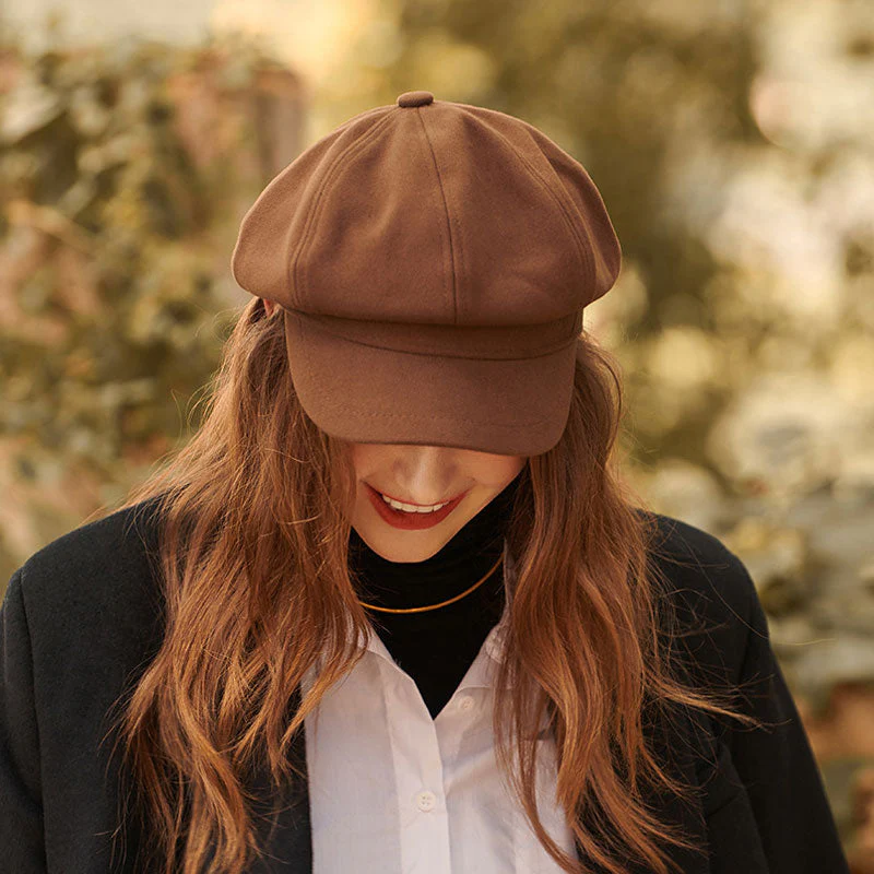 Classic Pure Color Fishbone Textured Woolen Blend Newsboy Hat - Image 6