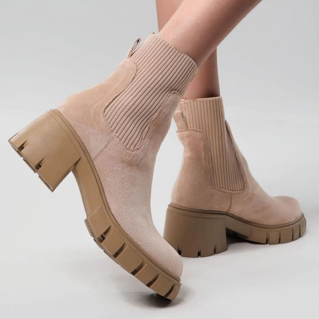 Classic Round Toe Lug Sole Suede Knit Sock Ankle Boots - Apricot - Image 3