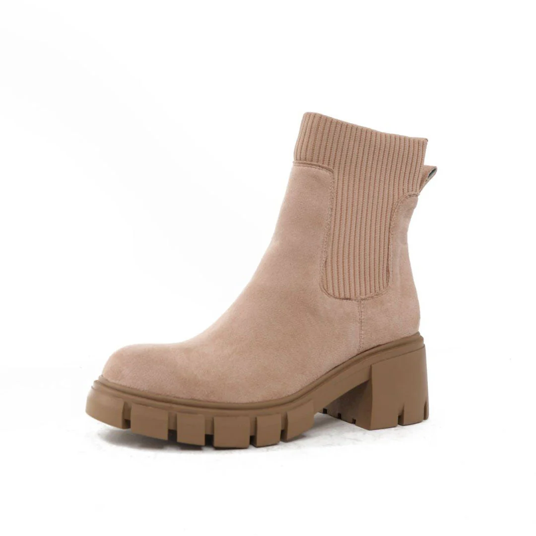 Classic Round Toe Lug Sole Suede Knit Sock Ankle Boots - Apricot - Image 4