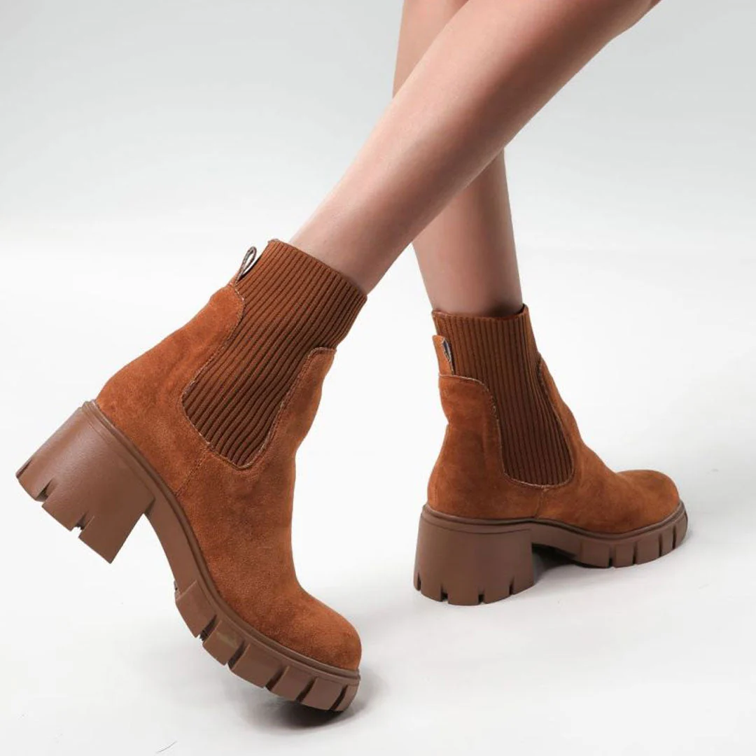 Classic Round Toe Lug Sole Suede Knit Sock Ankle Boots - Brown - Image 2