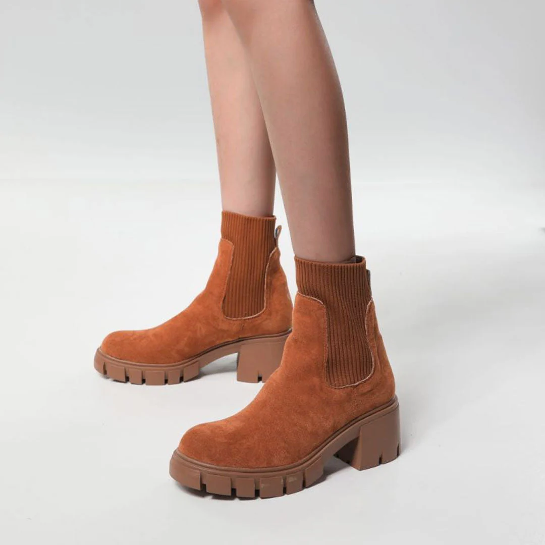 Classic Round Toe Lug Sole Suede Knit Sock Ankle Boots - Brown - Image 3