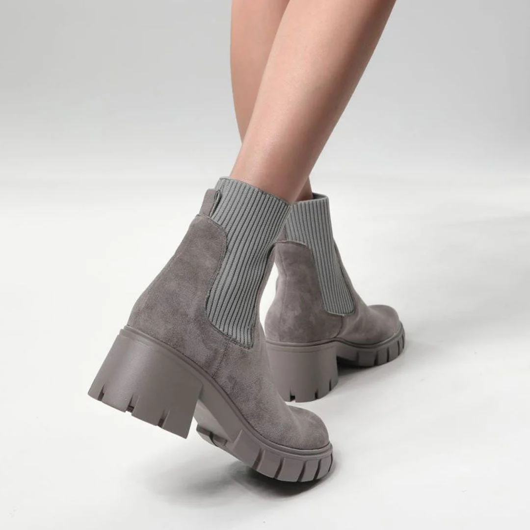 Classic Round Toe Lug Sole Suede Knit Sock Ankle Boots - Gray - Image 2
