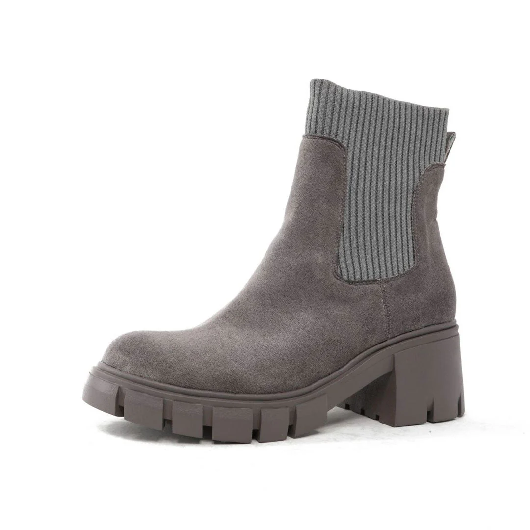 Classic Round Toe Lug Sole Suede Knit Sock Ankle Boots - Gray - Image 5