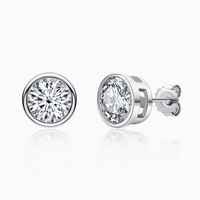 Classic Sterling Silver Round Bezel Set Moissanite Solitaire Stud Earrings