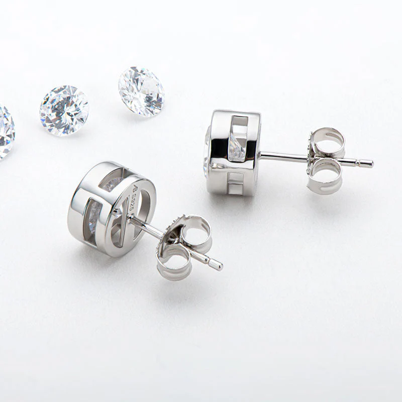 Classic Sterling Silver Round Bezel Set Moissanite Solitaire Stud Earrings - Image 4