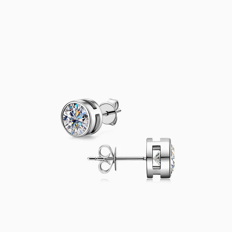 Classic Sterling Silver Round Bezel Set Moissanite Solitaire Stud Earrings - Image 5
