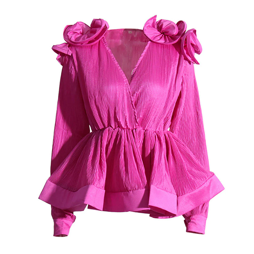 Classy 3D Ruffle Rosette V Neck Long Sleeve Pleated Peplum Blouse - Image 2