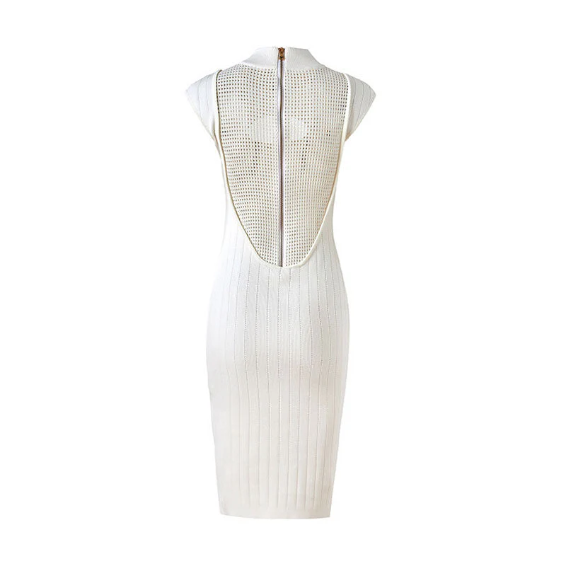 Classy Button Detail High Neck Cape Sleeve Open Knit Keyhole Sweater Midi Dress - Image 3