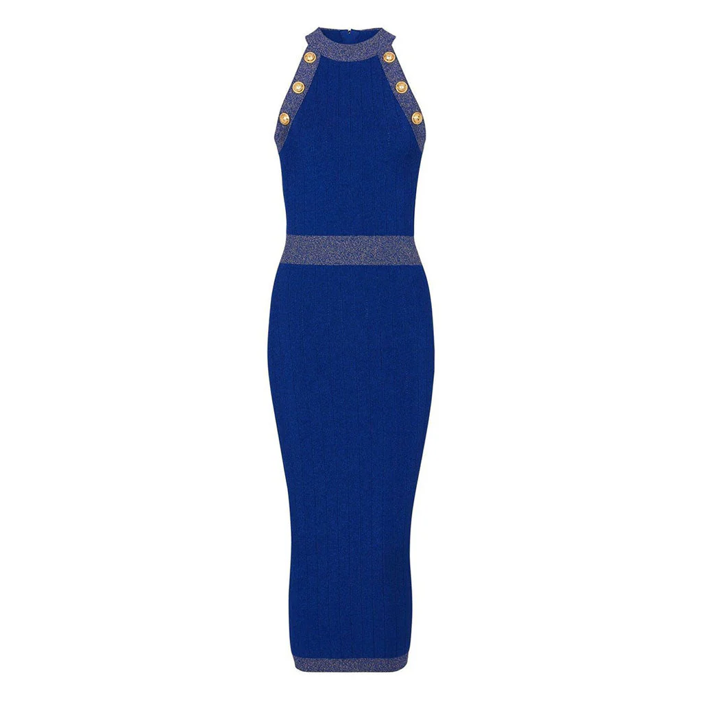 Classy Button Detail Lurex Trim Crew Neck Sleeveless Bodycon Midi Sweater Dress - Image 2