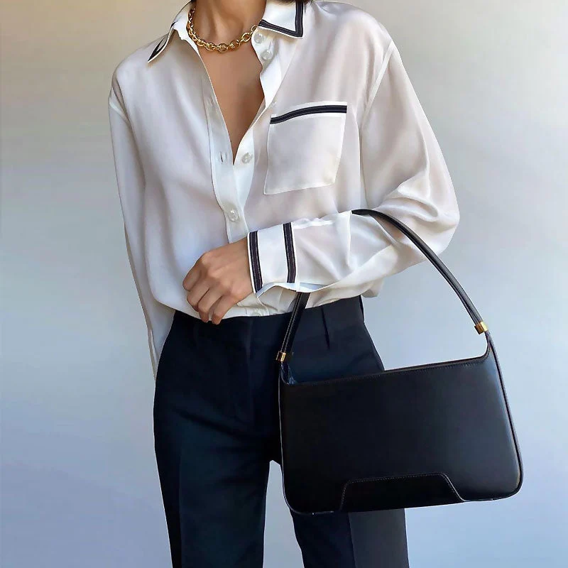 Classy Chiffon Contrast Trim Pointed Collar Long Sleeve Blouse - White - Image 2