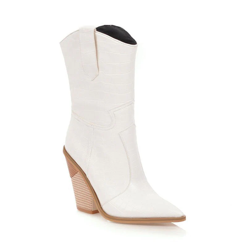 Classy Croc Effect Geometric Heel Mid Calf Western Boots - White - Image 4