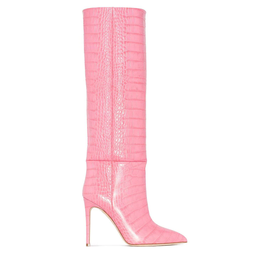 Classy Crocodile Effect Pointed Toe Knee High Stiletto Boots - Pink - Image 2