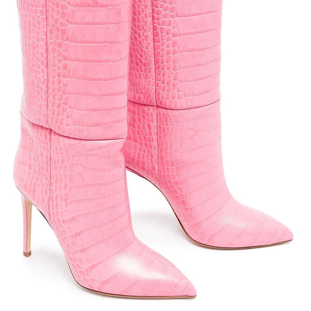 Classy Crocodile Effect Pointed Toe Knee High Stiletto Boots - Pink - Image 3