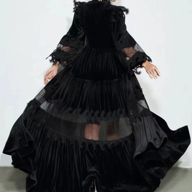 Classy Lace Panel High Neck Puff Sleeve Button Up Belted Formal Maxi Dress - Black - Image 3