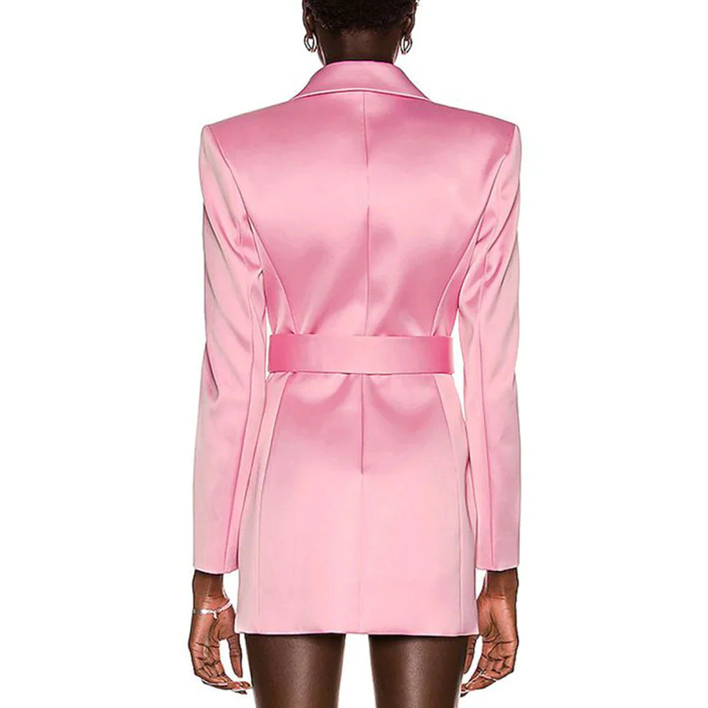 Classy Lapel Neck Long Sleeve Satin Belted Blazer Mini Dress - Pink - Image 4