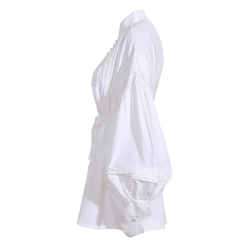 Classy Mandarin Collar Half Button Pleated Bishop Sleeve Belted Oversized Blouse - Image 3
