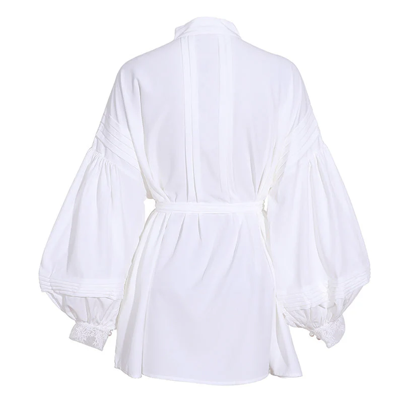 Classy Mandarin Collar Half Button Pleated Bishop Sleeve Belted Oversized Blouse - Image 4