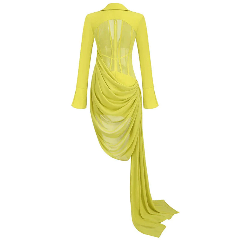 Classy Plunge Spread Collar ELongated Sleeve Draped Sheer Corset Mini Dress - Image 3