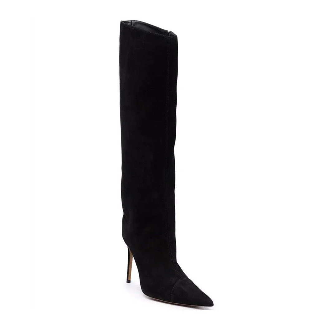 Classy Pointed Toe Knee High Suede Stiletto Boots - Black - Image 2