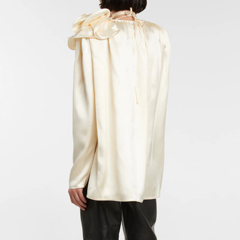 Classy Ruffled Corsage Puff Sleeve V Neck High Low Hem Satin Blouse - Champagne - Image 2