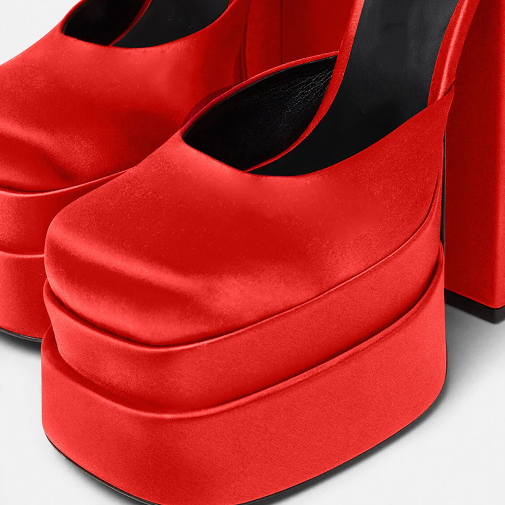 Classy Satin Square Toe Ankle Strap Chunky Heel Platform Sandals - Red - Image 3