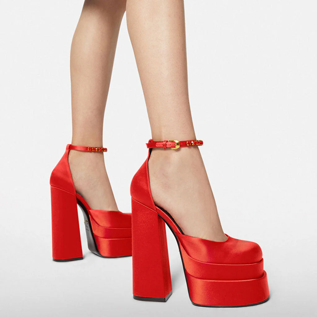 Classy Satin Square Toe Ankle Strap Chunky Heel Platform Sandals - Red - Image 4