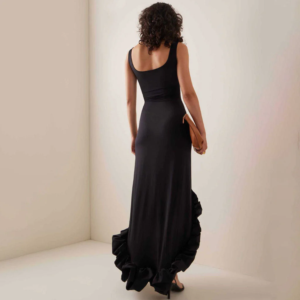 Classy Scoop Neck Sleeveless Ruffled Trim High Low Hem Evening Dress - Image 4