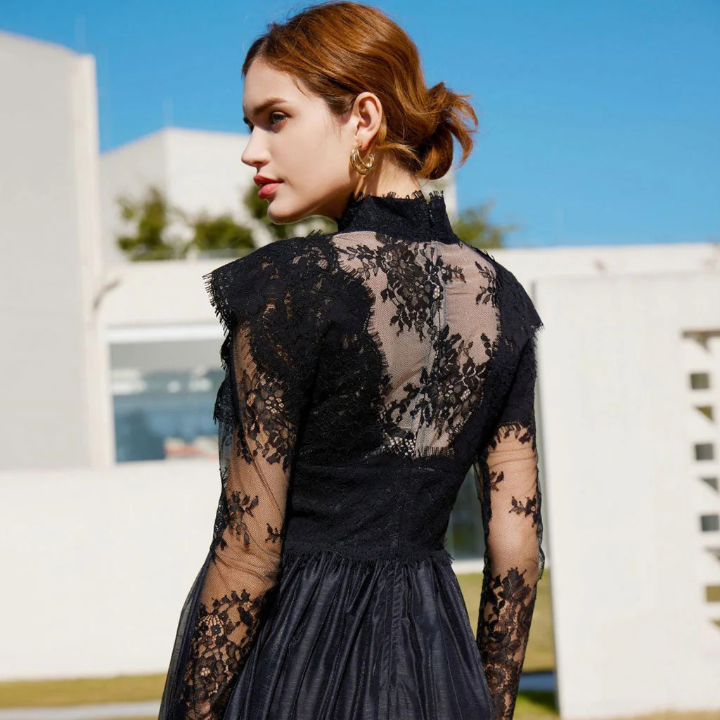 Classy Sheer Floral Lace Mock Neck Long Sleeve A Line Gown Maxi Dress - Image 4