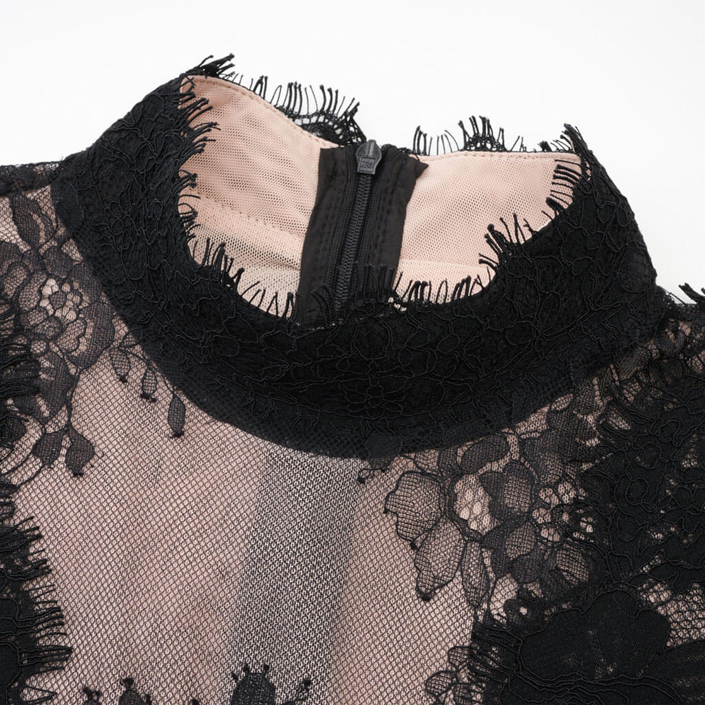Classy Sheer Floral Lace Mock Neck Long Sleeve A Line Gown Maxi Dress - Image 7